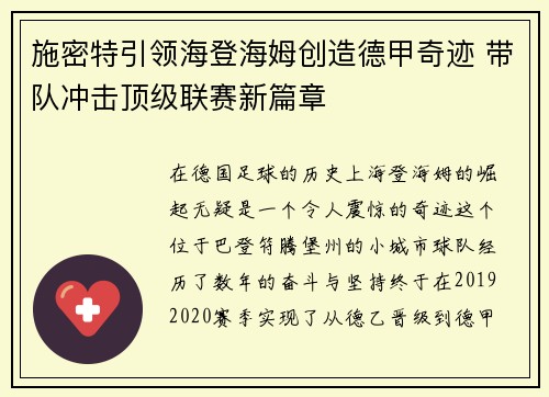 施密特引领海登海姆创造德甲奇迹 带队冲击顶级联赛新篇章 施密特引领海登海姆创造德甲奇迹 带队冲击顶级联赛新篇章